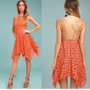NEW Free People Womens Just Like Honey Coral Orange Lace Dress Handkerchief 6